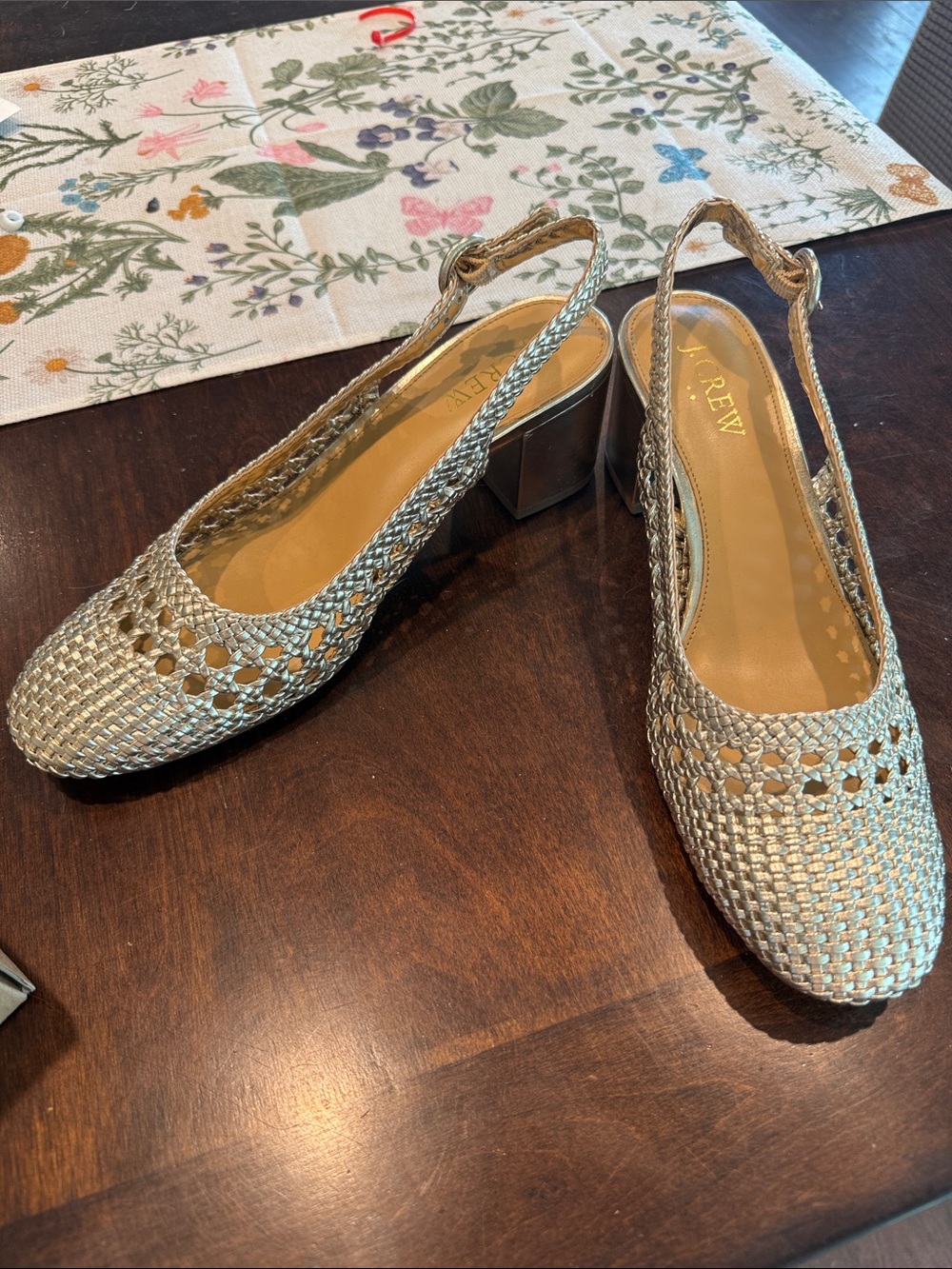J. Crew Woven Slingback Block Heel in Metallic Gold